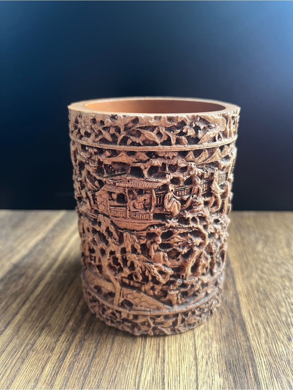 Vintage 1981 C.A.P. Faux Wood Asian Motif Resin Planter / Brush Pot